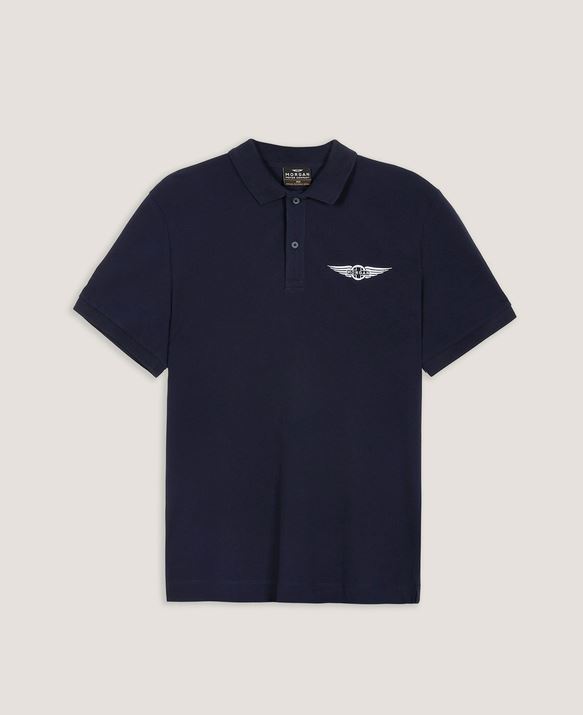 Herren Morgan Poloshirt – blau, mit weißer Schwinge, Größe L
